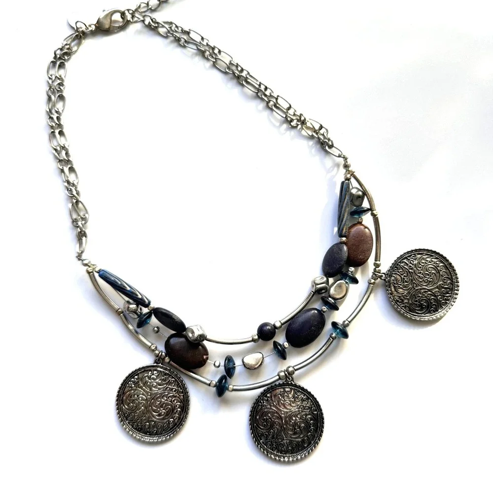 Chico's Silver Tone Layered Beaded Statement Necklace Brown Blue‎ Southwestern